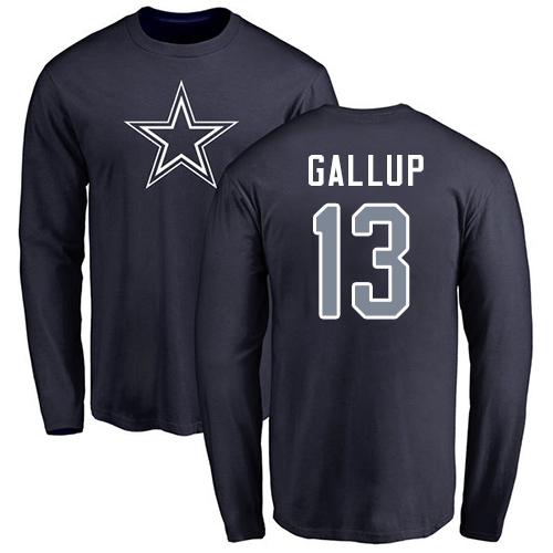 Men Dallas Cowboys Navy Blue Michael Gallup Name and Number Logo #13 Long Sleeve Nike NFL T Shirt->dallas cowboys->NFL Jersey